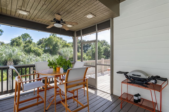 sunroom / solarium featuring a ceiling fan and wood ceiling