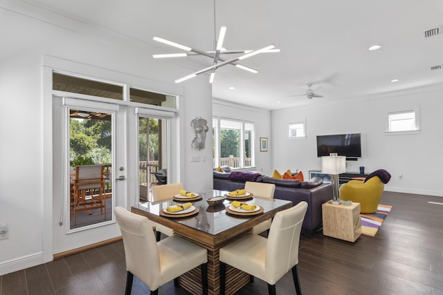 dining room featuring dark wood finished floors, recessed lighting, french doors, and baseboards