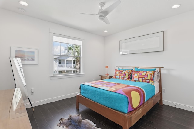 bedroom featuring recessed lighting, baseboards, wood finished floors, and a ceiling fan