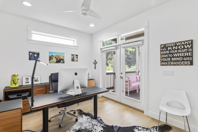 home office featuring a ceiling fan, recessed lighting, french doors, light wood-style floors, and baseboards