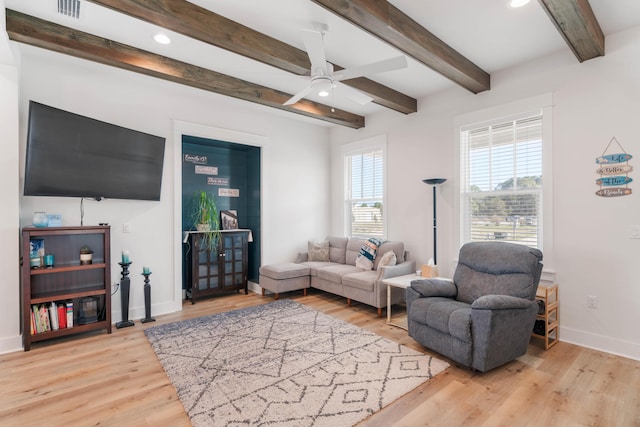 living room with baseboards, beamed ceiling, recessed lighting, wood finished floors, and a ceiling fan