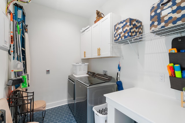 clothes washing area featuring cabinet space, washing machine and dryer, and baseboards