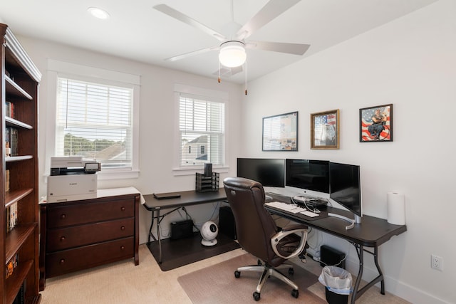 home office with recessed lighting, baseboards, light colored carpet, and ceiling fan