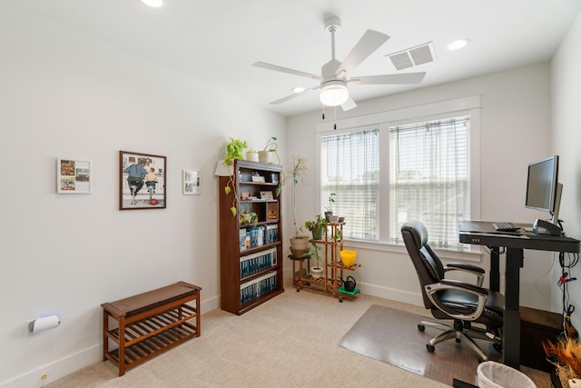 office space featuring recessed lighting, visible vents, carpet floors, and baseboards