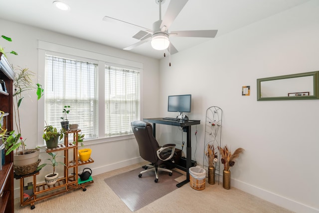 office with visible vents, baseboards, carpet floors, recessed lighting, and a ceiling fan