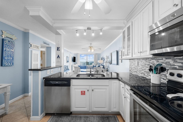 kitchen with stainless steel appliances, a peninsula, a sink, a ceiling fan, and ornamental molding