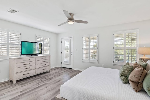 bedroom featuring baseboards, visible vents, a ceiling fan, access to exterior, and light wood-type flooring