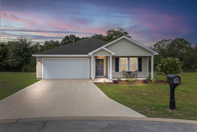 ranch-style home with driveway, a shingled roof, an attached garage, a porch, and a front yard