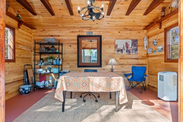 office area featuring wooden ceiling, vaulted ceiling with beams, wood walls, and an inviting chandelier