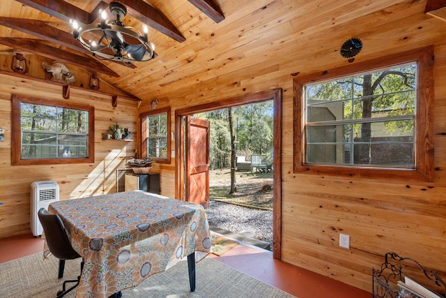 rec room with lofted ceiling with beams, wood walls, wooden ceiling, and concrete flooring