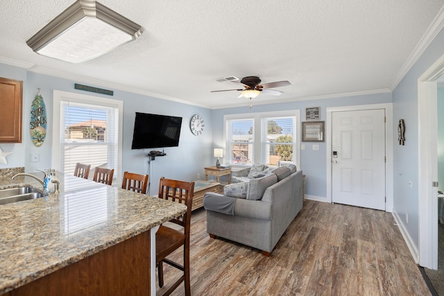 living room featuring crown molding, dark wood-style flooring, plenty of natural light, and a textured ceiling