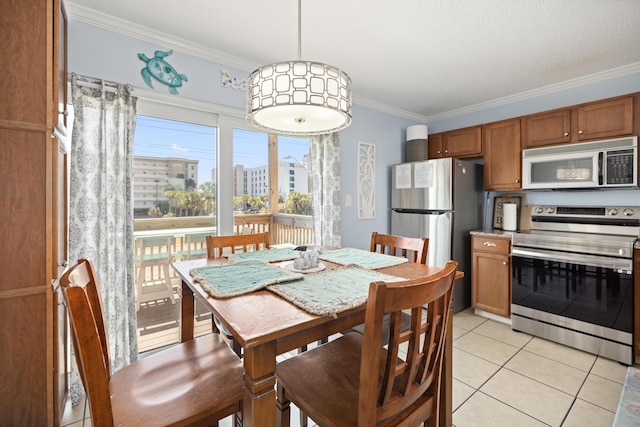 dining space with a view of city, ornamental molding, and light tile patterned flooring