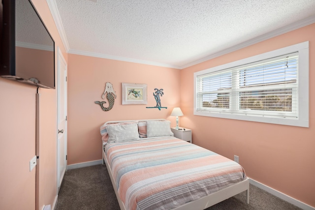 bedroom with a textured ceiling, baseboards, and carpet flooring