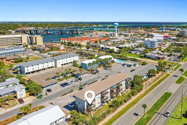 bird's eye view with a water view