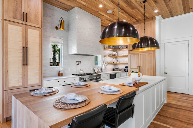 kitchen featuring tasteful backsplash, light wood-type flooring, wooden ceiling, and high end stainless steel range oven