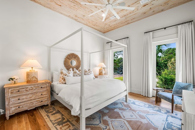 bedroom featuring wooden ceiling, multiple windows, ceiling fan, and wood finished floors