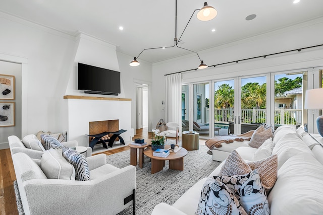 living room featuring ornamental molding, wood finished floors, french doors, a fireplace, and recessed lighting