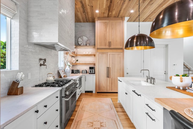 kitchen featuring a sink, wood ceiling, light wood-type flooring, backsplash, and high end appliances