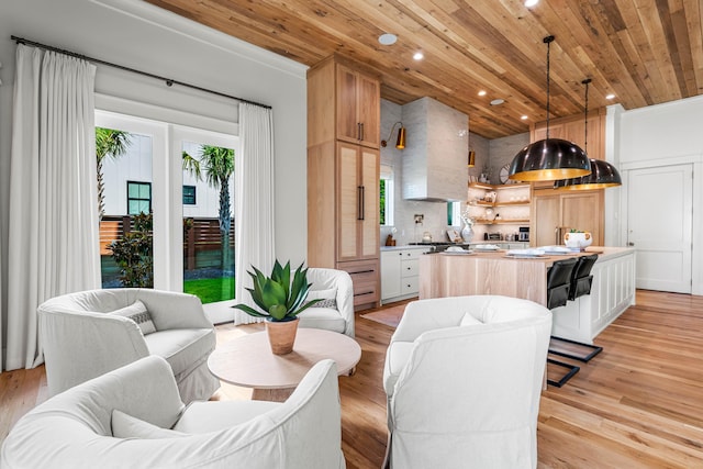 kitchen with a center island, wooden ceiling, backsplash, and open floor plan