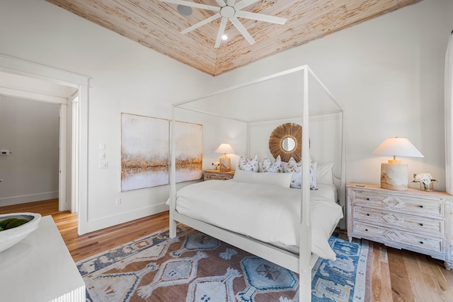 bedroom featuring ceiling fan, wood finished floors, wood ceiling, and baseboards