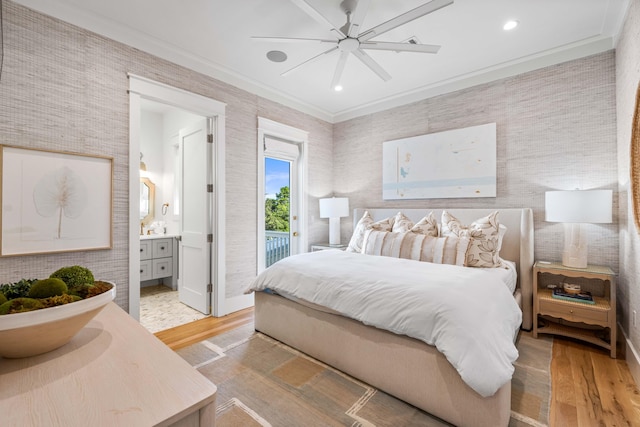 bedroom with connected bathroom, recessed lighting, access to exterior, light wood-type flooring, and crown molding