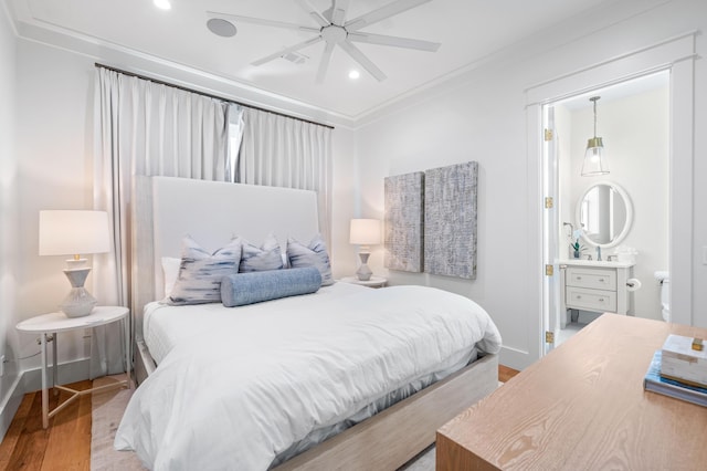 bedroom with baseboards, a ceiling fan, ornamental molding, wood finished floors, and recessed lighting