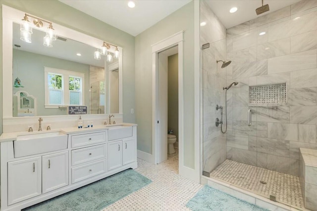 bathroom with toilet, a stall shower, double vanity, and a sink