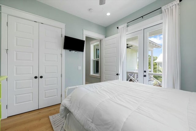 bedroom with french doors, recessed lighting, light wood-style floors, a ceiling fan, and access to outside