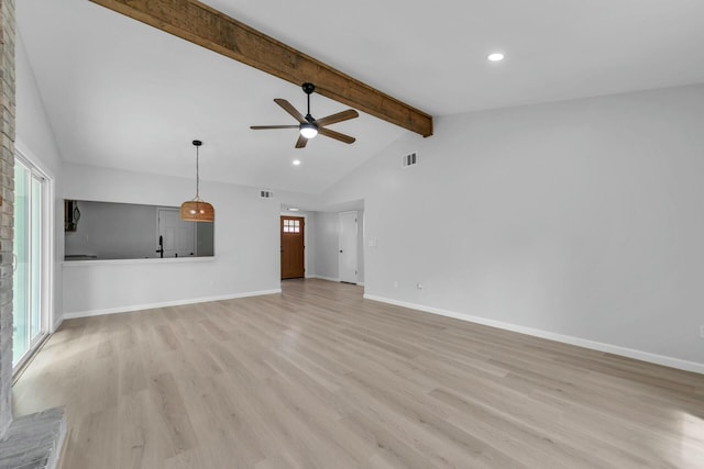 unfurnished living room featuring visible vents, baseboards, lofted ceiling with beams, and light wood-style floors