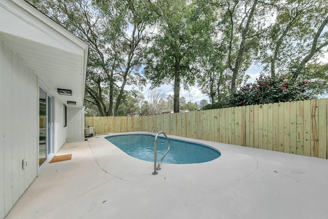 view of pool with a fenced backyard, a fenced in pool, and a patio