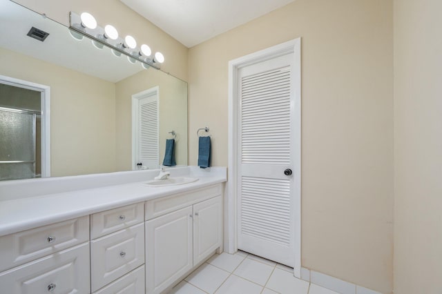 full bathroom with tile patterned floors, visible vents, and vanity