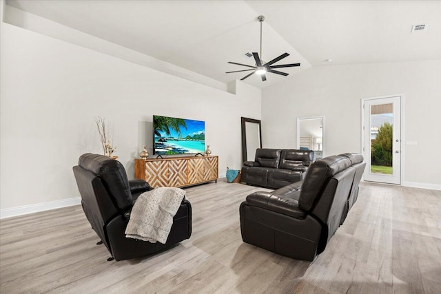 living area featuring visible vents, ceiling fan, baseboards, lofted ceiling, and wood finished floors