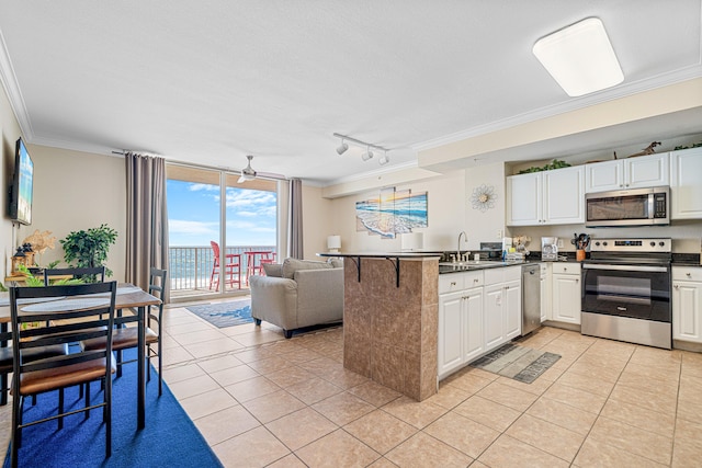 kitchen with dark countertops, appliances with stainless steel finishes, open floor plan, a peninsula, and a sink