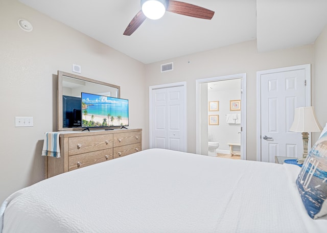 bedroom featuring a closet, visible vents, ceiling fan, and ensuite bathroom