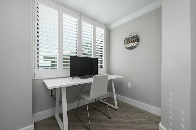 office featuring crown molding, baseboards, and wood finished floors