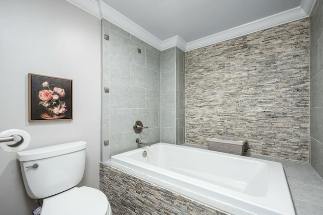 bathroom with a relaxing tiled tub, toilet, ornamental molding, and a tile shower