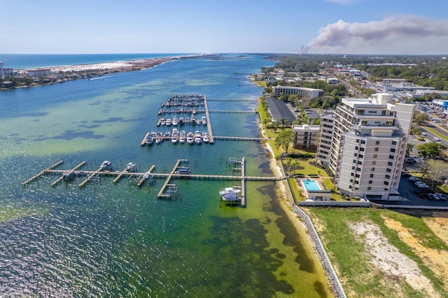 drone / aerial view with a water view