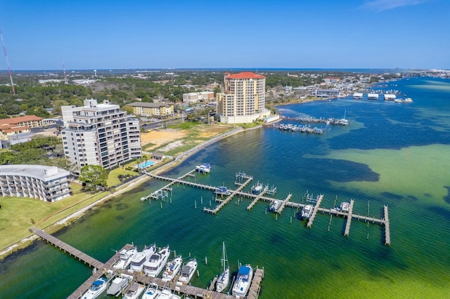 aerial view featuring a water view and a city view