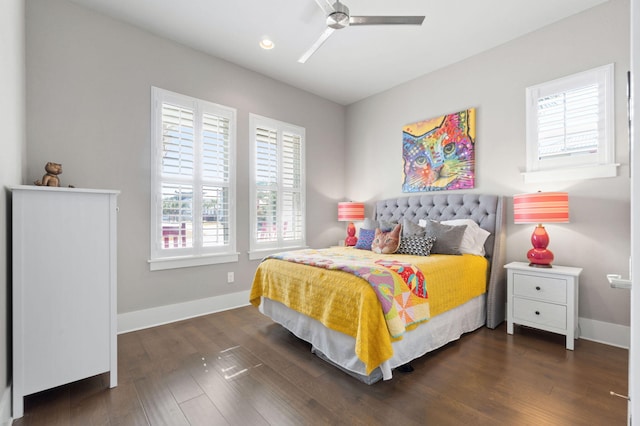 bedroom featuring recessed lighting, wood finished floors, a ceiling fan, and baseboards