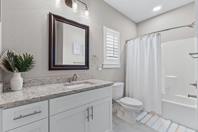 full bath with shower / bath combination with curtain, vanity, toilet, and tile patterned floors