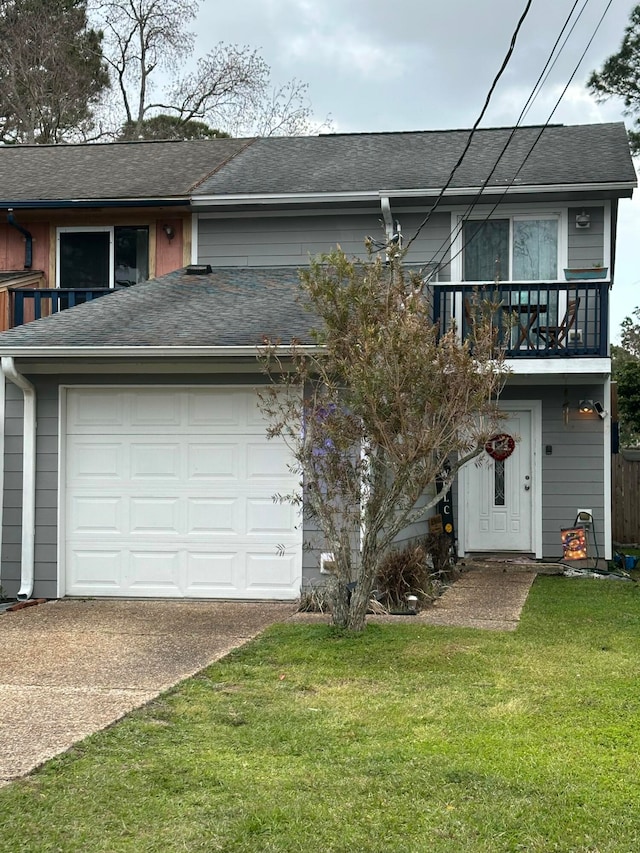 view of front of home featuring a shingled roof, concrete driveway, a balcony, and a front lawn