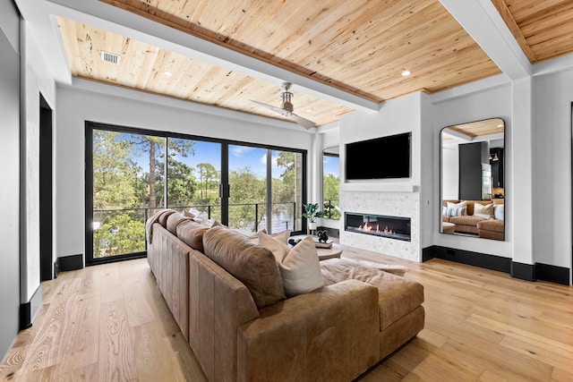 living room featuring a glass covered fireplace, wooden ceiling, and light wood-type flooring