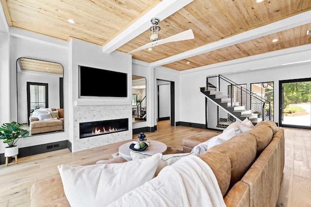 living area featuring wood finished floors, stairs, wood ceiling, a glass covered fireplace, and beamed ceiling