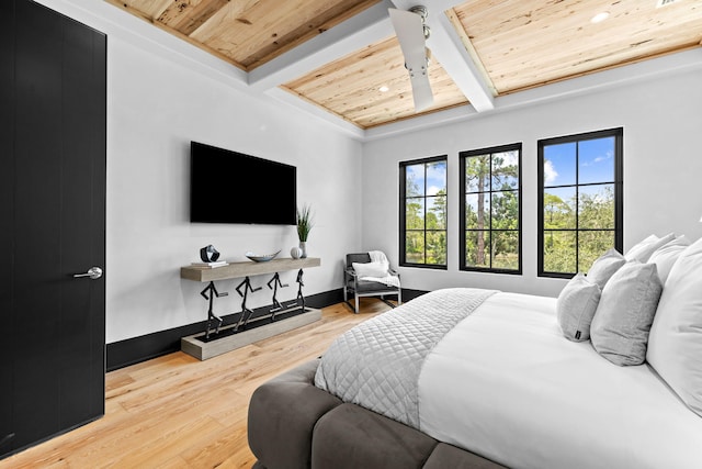 bedroom featuring light wood-style flooring, baseboards, beamed ceiling, and wooden ceiling