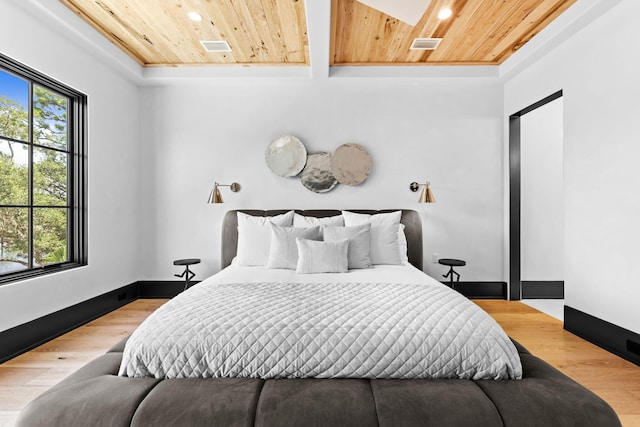 bedroom with baseboards, multiple windows, wood ceiling, and light wood finished floors