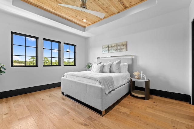 bedroom featuring a tray ceiling, wood ceiling, light wood-type flooring, and baseboards