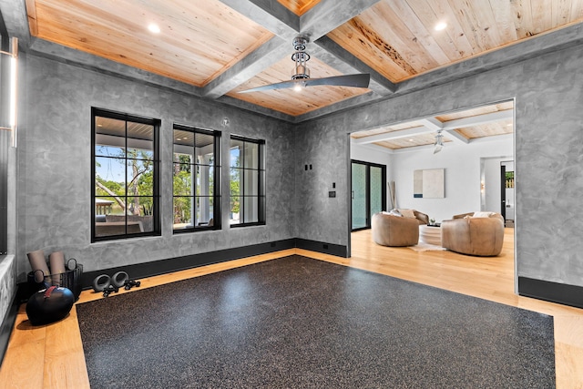 exercise room featuring coffered ceiling, wooden ceiling, and ceiling fan