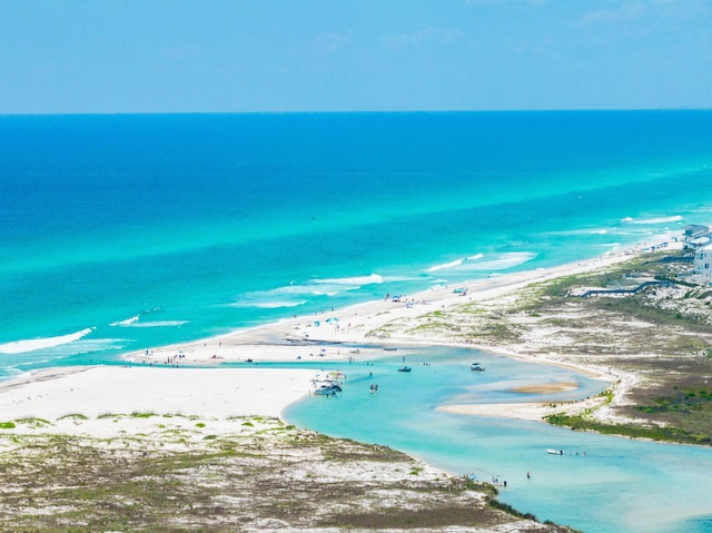 aerial view featuring a beach view and a water view