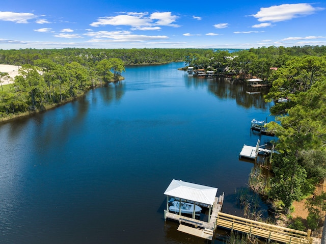 aerial view featuring a forest view and a water view