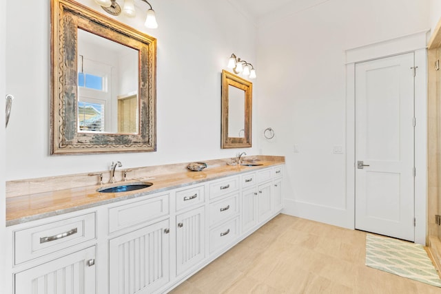 bathroom featuring a sink, baseboards, and double vanity